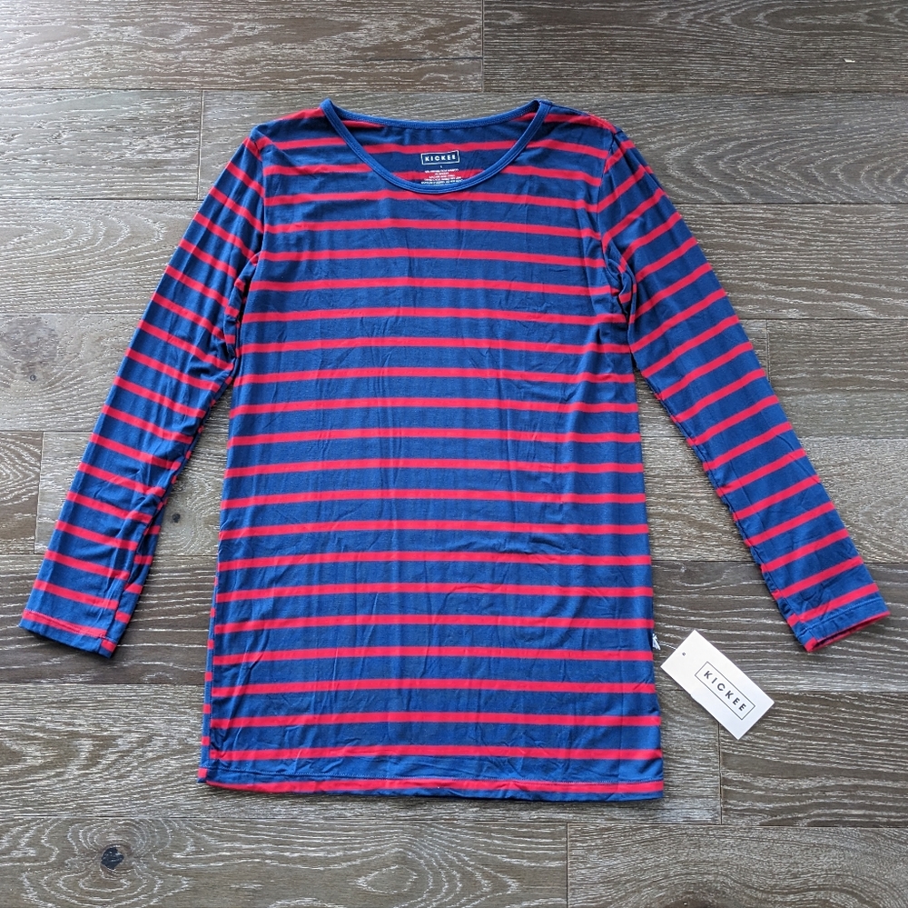 NWT Kickee Pants Print Loosey Goosey Long Sleeve Tee Everyday Heroes Navy Stripe